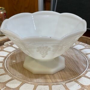Large Vintage Pedestal white Milk Glass, Octagon, Footed Bowl 10” x 5”